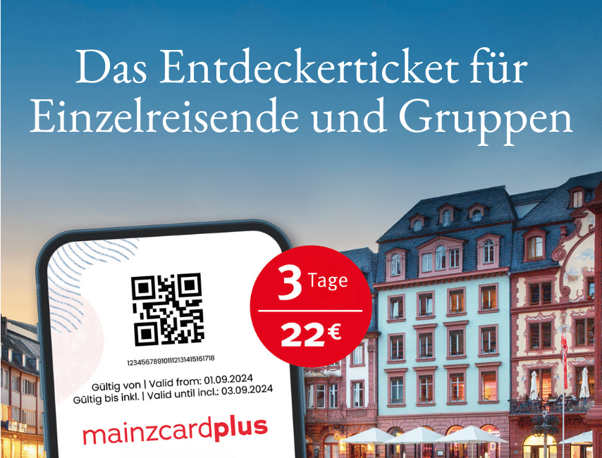 Mainzer Markthäuser. Im Vordergrund Smartphone mit digitaler mainzcardplus.