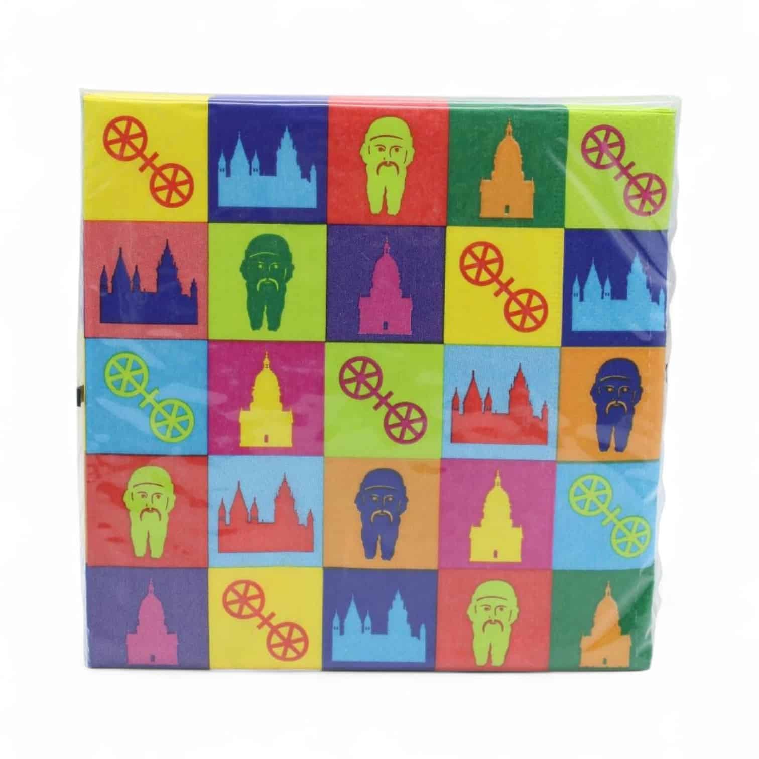 Quadratisches Muster aus bunten Kacheln mit Fahrrädern, Gebäuden und bärtigen Gesichtern.