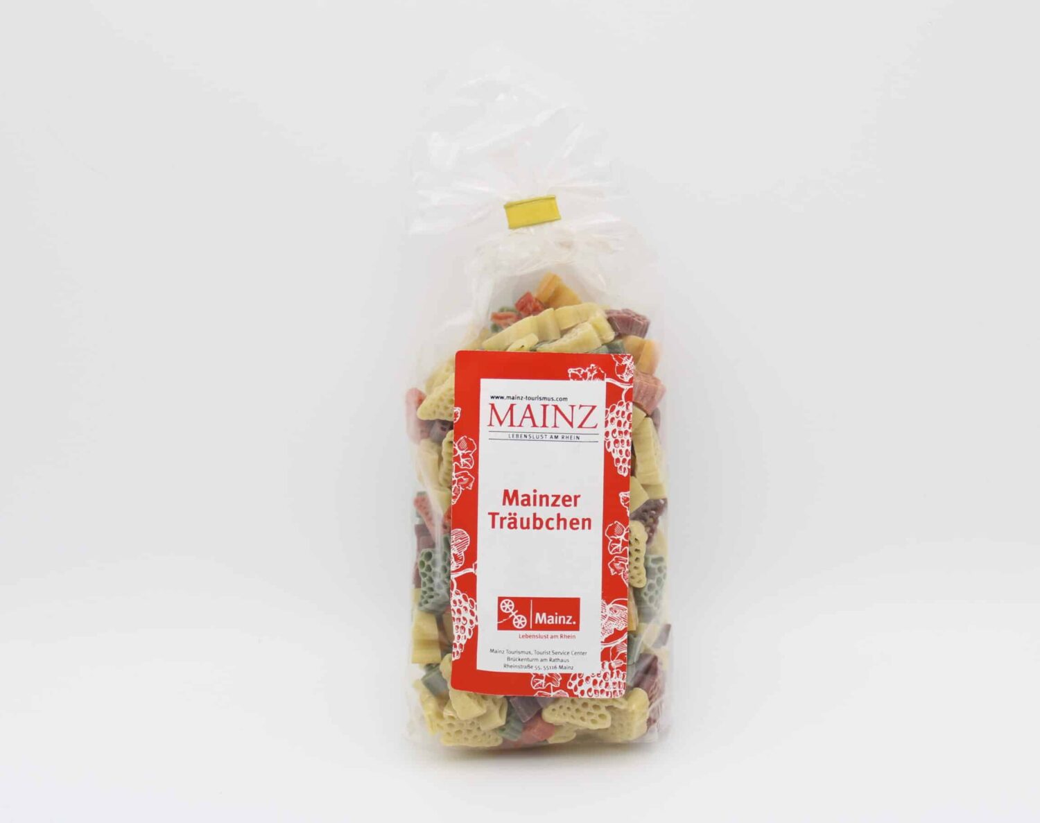 Packung "Mainzer Träubchen" Nudeln im transparenten Beutel mit rot-weißem Etikett.