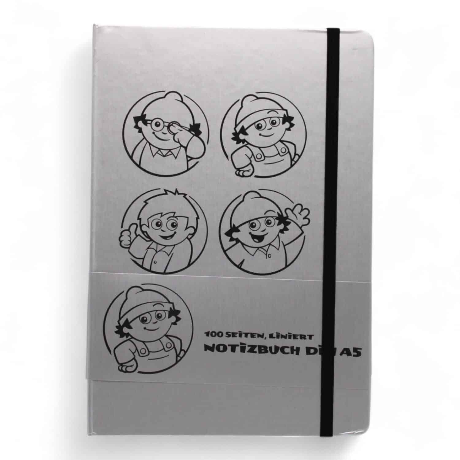Notizbuch A5 mit 100 lin. Seiten und Cover mit fünf runden Figuren, schwarzes Gummiband.