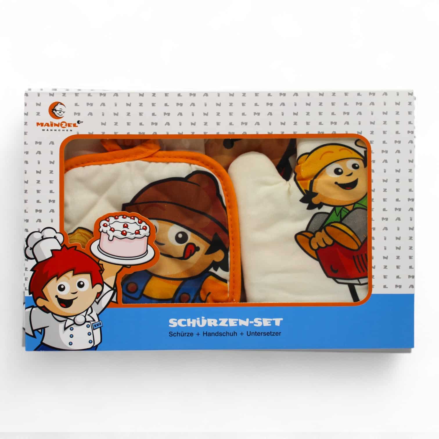 Verpackung mit durchsichtiger Folie, in der das Set zu sehen ist, an der Seite ein Mainzelmännchen in Kochschürze und einer Torte in der Hand