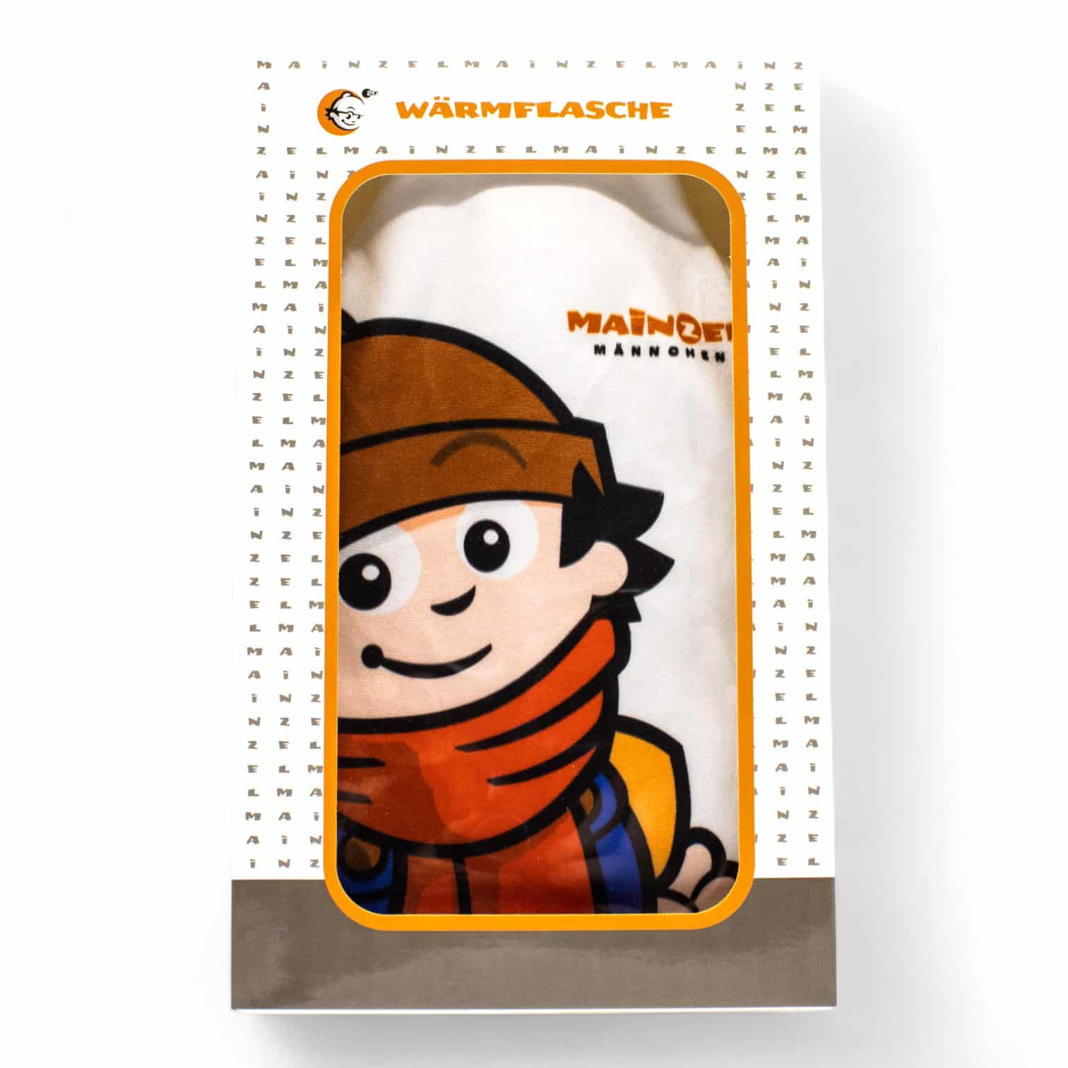 Verpackung einer Wärmflasche mit Cartoon-Figur mit Hut und Schal, "WÄRMFLASCHE" oben.