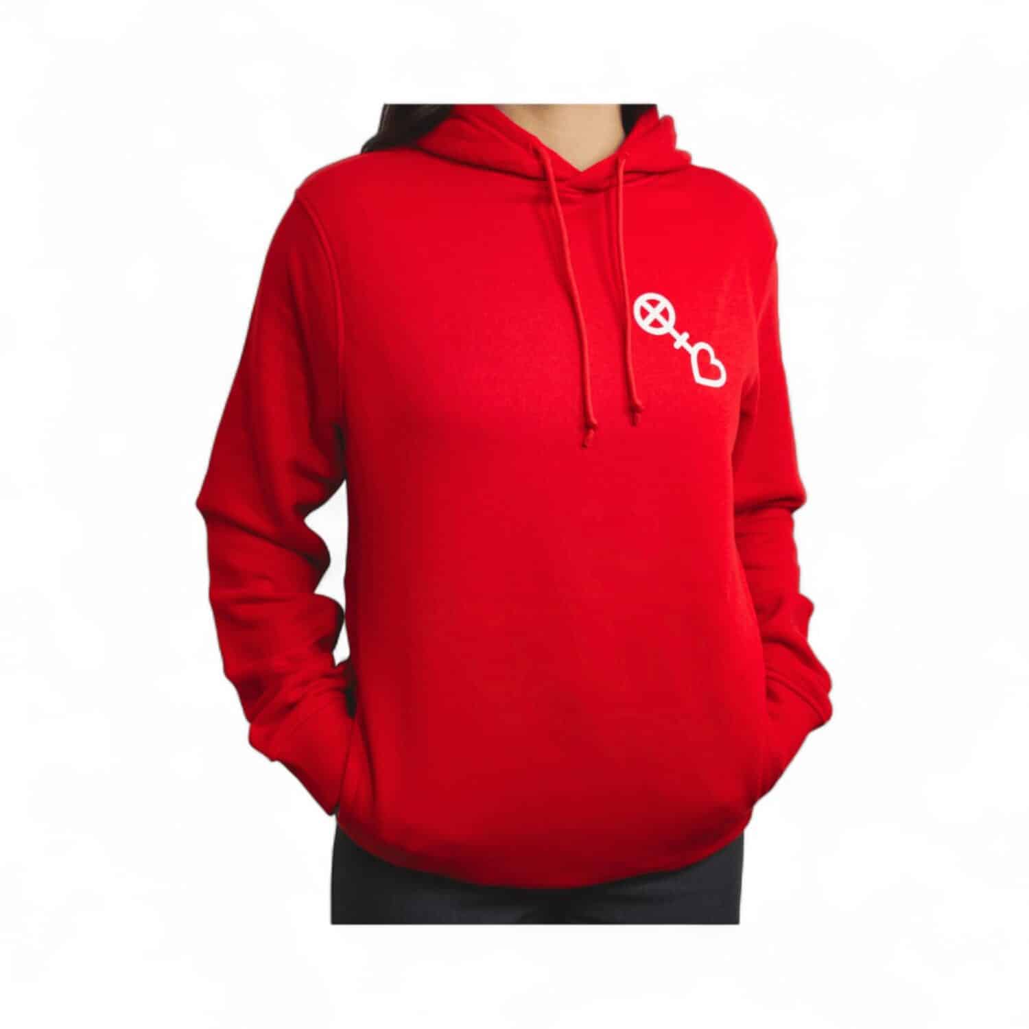 #mainzgefühl Pulli rot, weiblich, Frontansicht, mit weißem #mainzgefühl Logo an der linken Seite