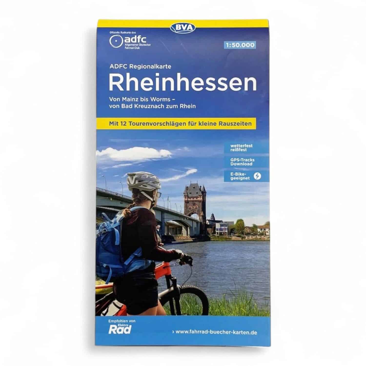 Vorderseite der Broschüre: Frau auf Fahrrad am Wasser, daneben eine Brücke | Aufschrift "Rheinhessen"