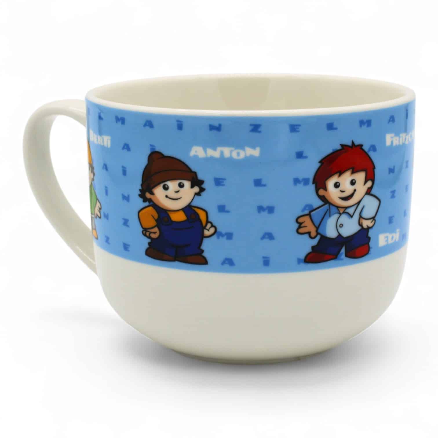 Mainzelmännchen Jumbotasse mit blauem Streifen, auf dem sich die 6 Mainzelmännchen vorstellen.