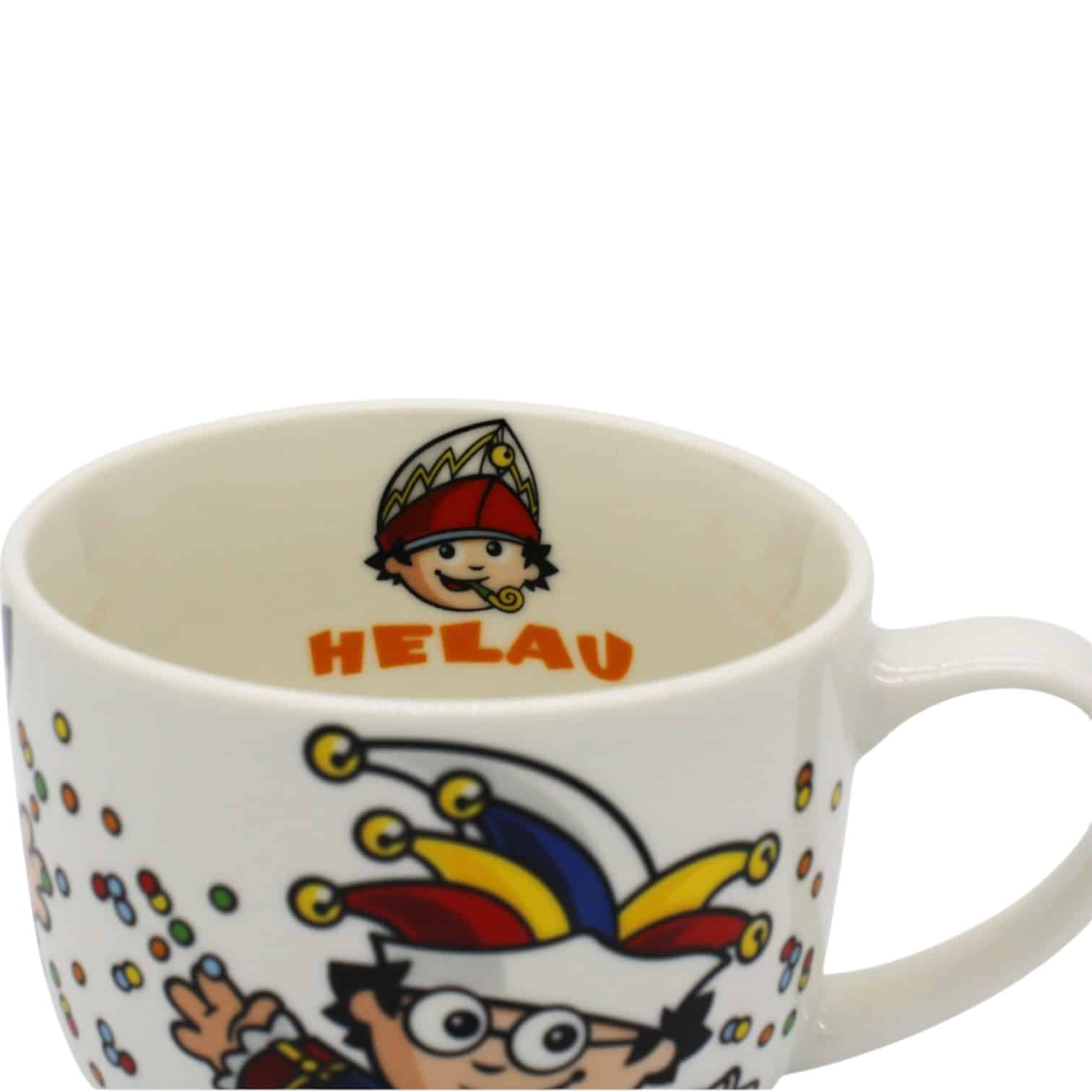 Mainzelmännchen-Jumbotasse in weiß. Auf der Innenseite der Tasse ist die Aufschrift "HELAU" und ein Mainzelmännchen mit Narrenkappe zu sehen.