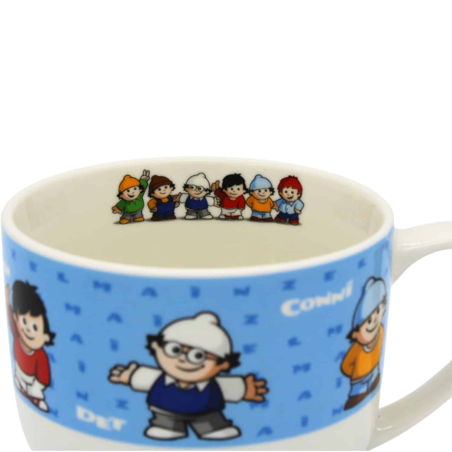 Mainzelmännchen Jumbotasse mit blauem Streifen, auf dem sich die 6 Mainzelmännchen vorstellen. Auf der Innenseite der Tasse sind ebenfalls alle Mainzelmännchen nebeneinander abgebildet.