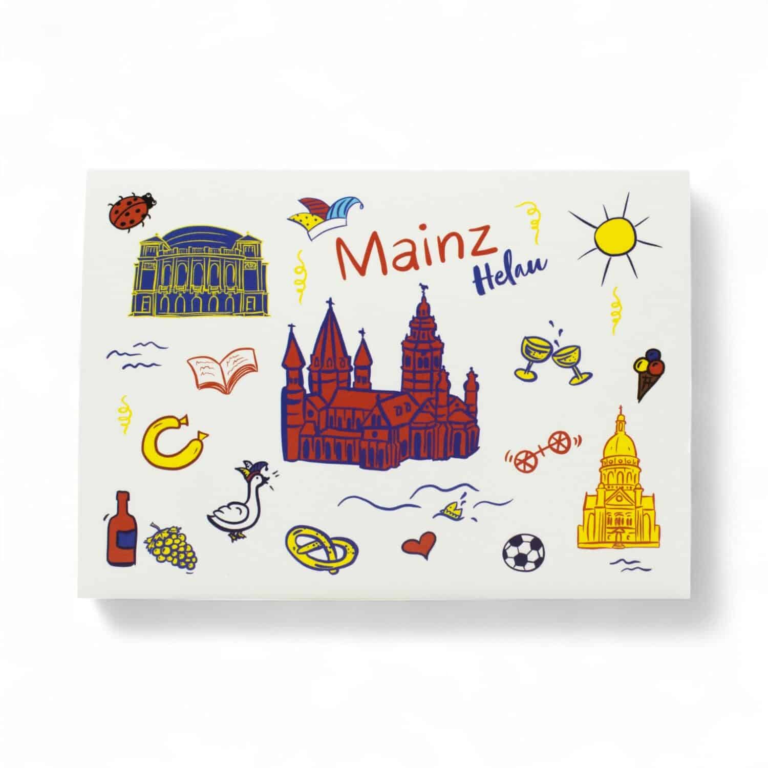 Weißes Schneidebrett mit unterschiedlichen Mainzer Motiven: Dom, Wein, Herz, Fußball, Karneval, "Mainz Helau" und viele mehr.