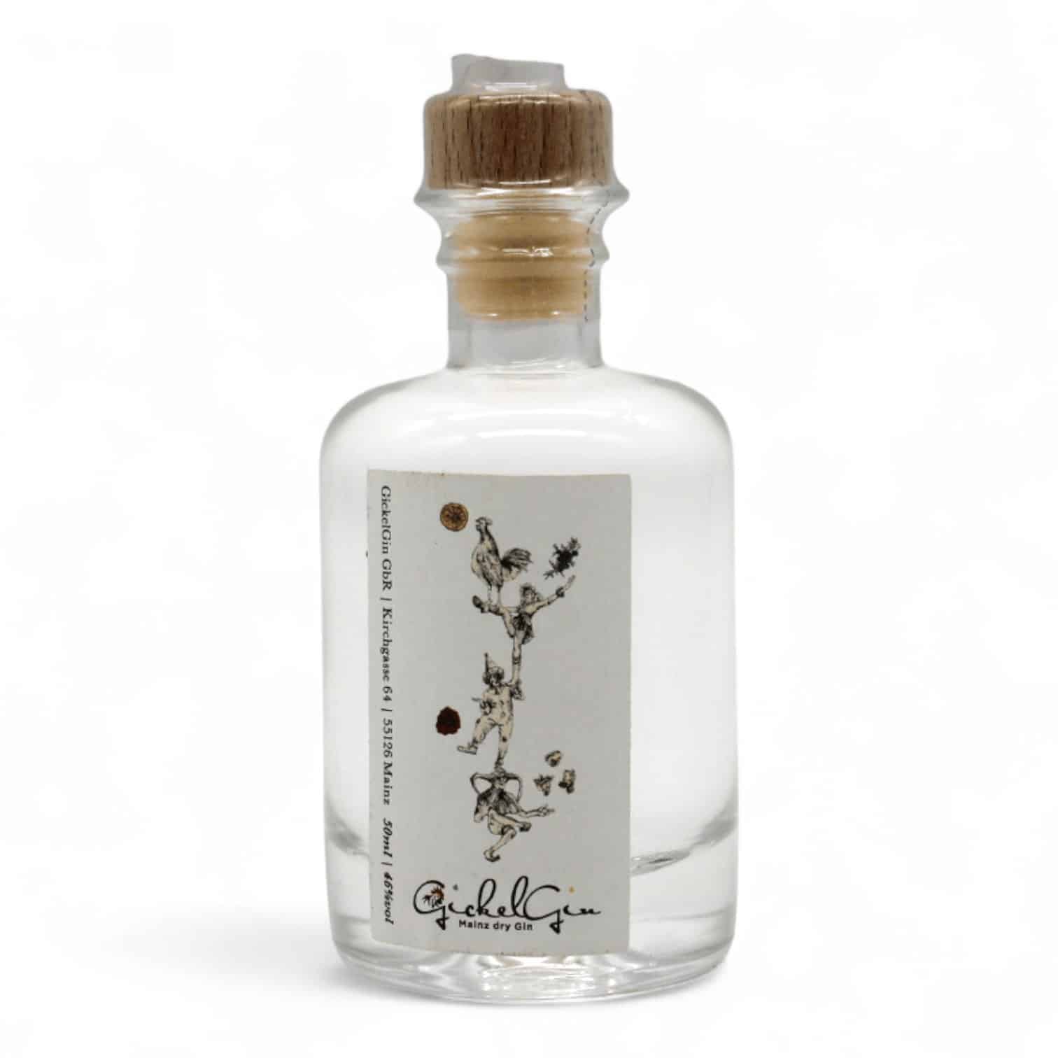 Kleine durchsichtige 50 Milliliter-Flasche mit Minikorken und kleinem Etikett "Gickelgin"