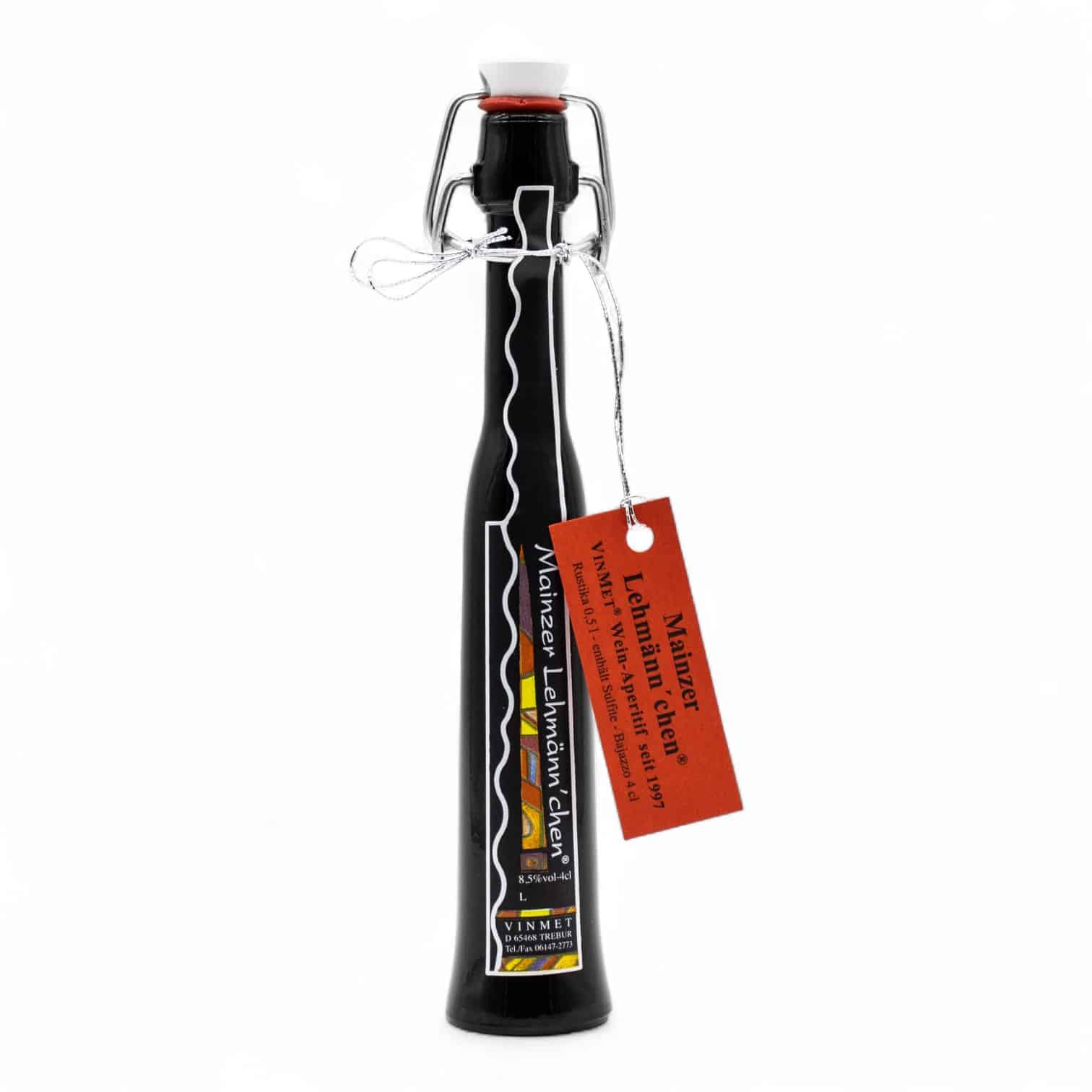 kleines schwarzes Fläschchen mit Bügelverschluss und einem kleinen roten Schild