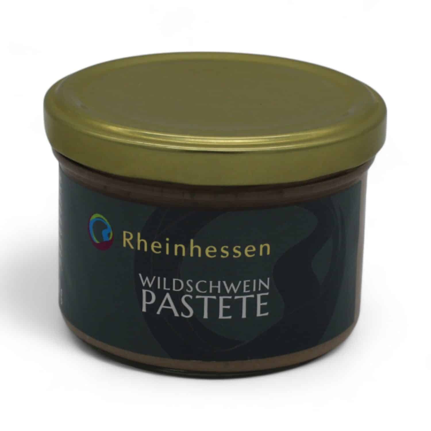 Glasdose mit Pastete und blauem Etikett mit Aufschrift "Wildschwein Pastete"