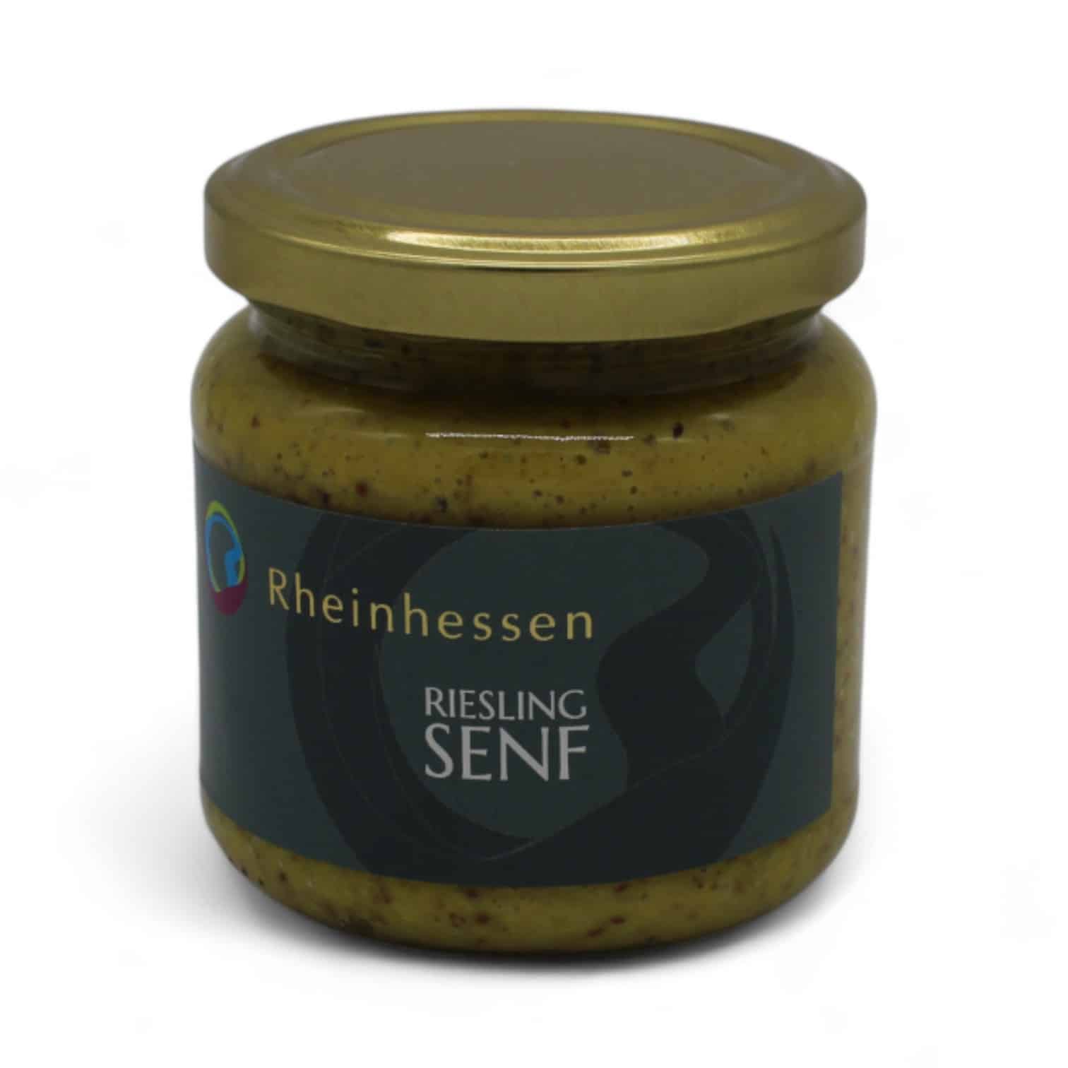 Glasdose mit Senf und blauem Etikett mit Aufschrift "Riesling Senf"