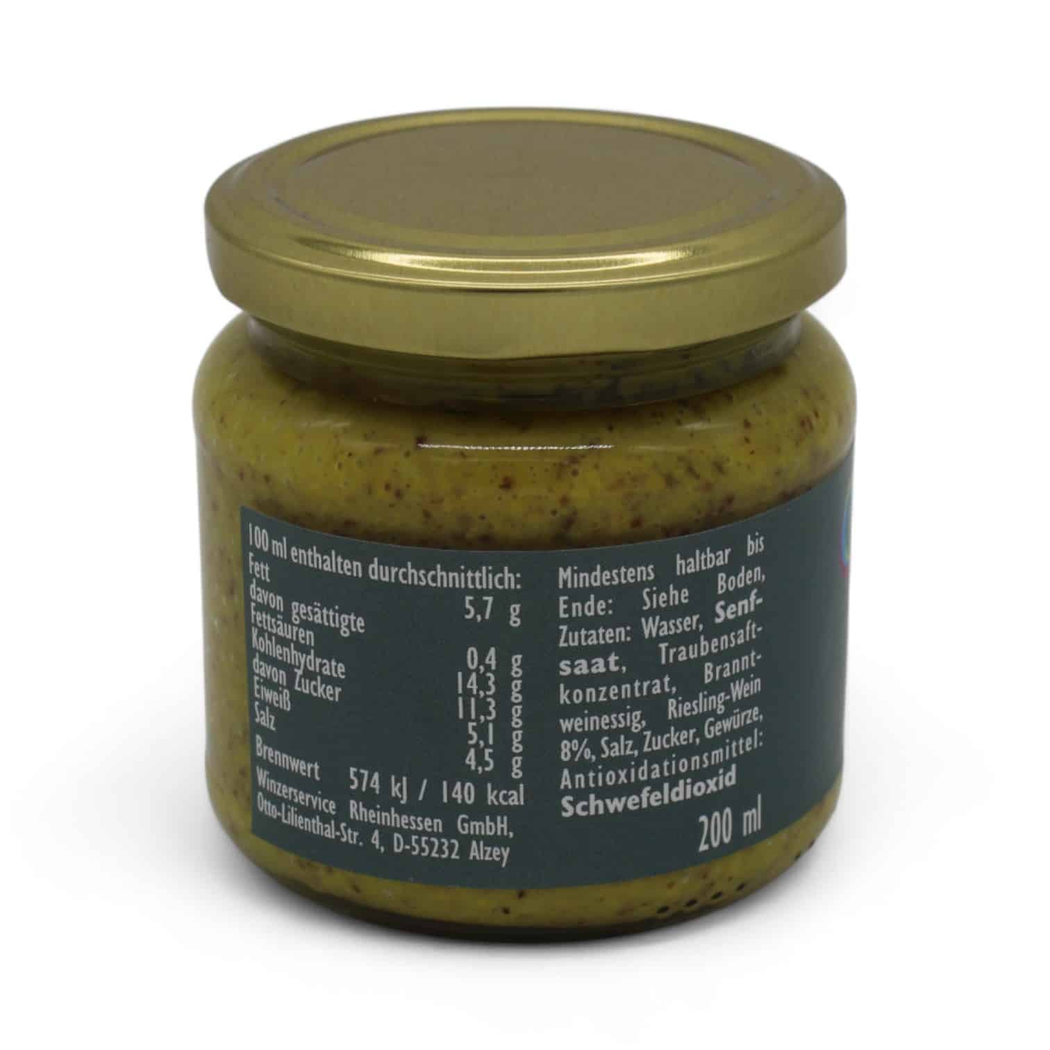 Glasdose mit Senf und blauem Etikett, auf der die Zutatenliste und die Nährwerttabelle draufsteht