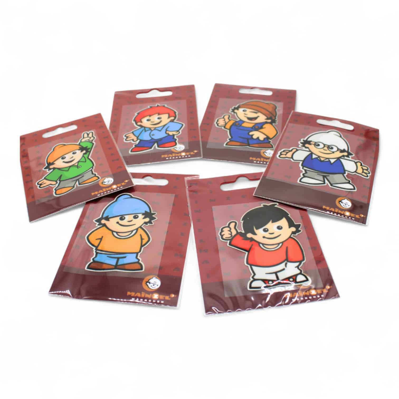 6 Mainzelmännchen Bügelpatches mit den einzelnen Mainzelmännchen als Motiv