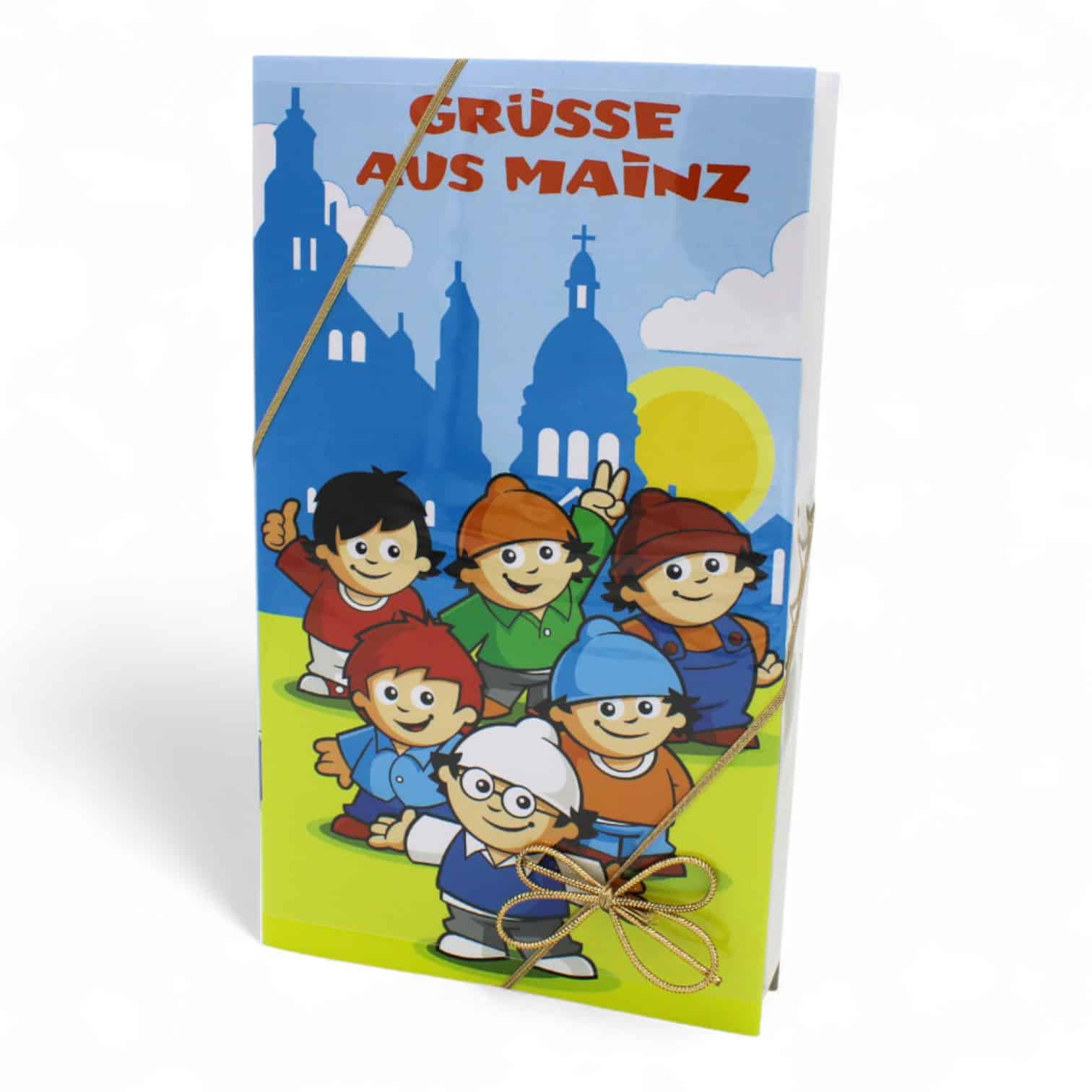 Mainzelmännchen Pralinen. Motiv: Alle Mainzelmännchen vor der Mainzer Skyline