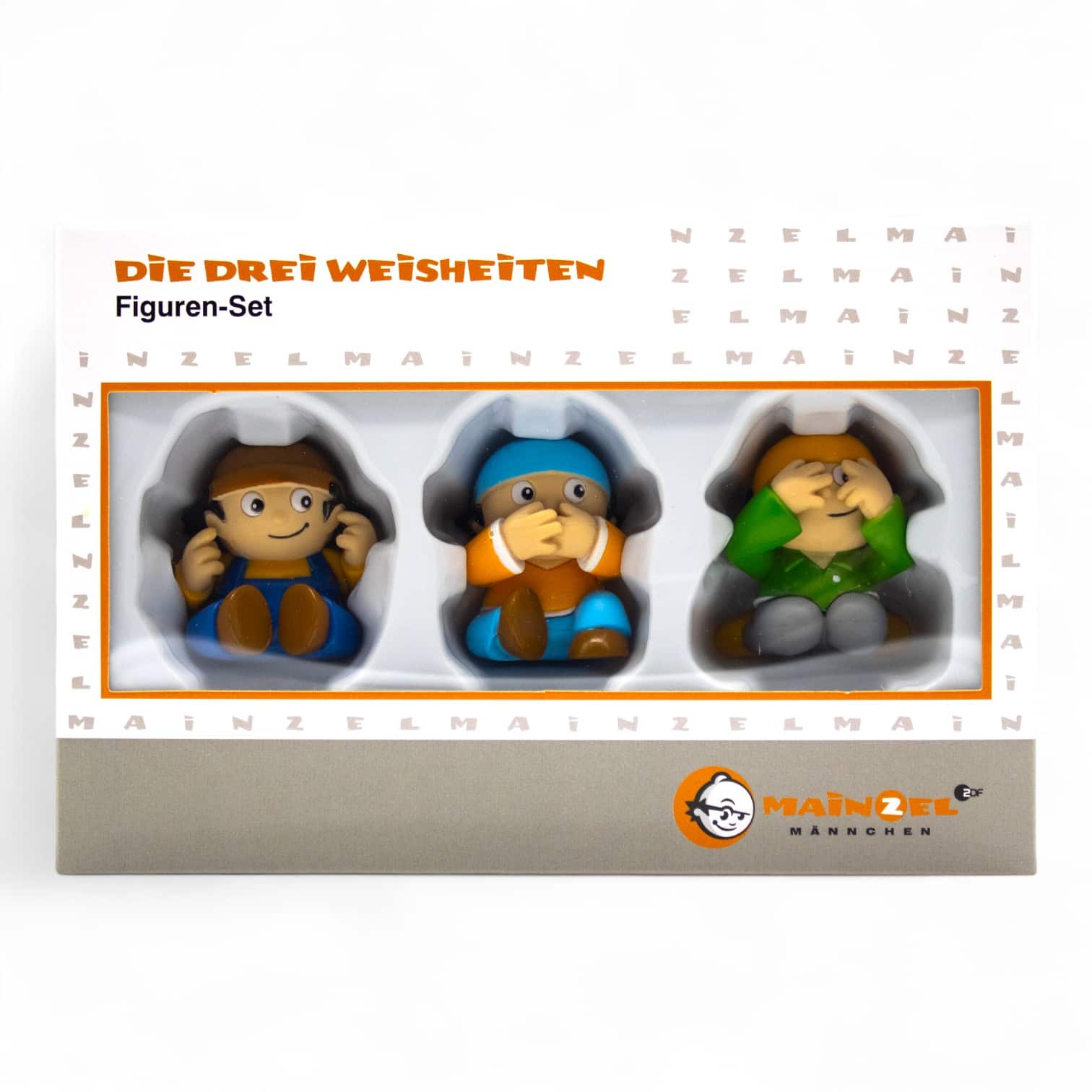 Ein Figuren-Set mit drei kleinen Figuren, die die Posen "nichts Böses hören", "nichts Böses sehen", und "nichts Böses sagen" darstellen. Es ist als "Die drei Weisheiten" beschriftet und stammt von den Mainzelmännchen.
