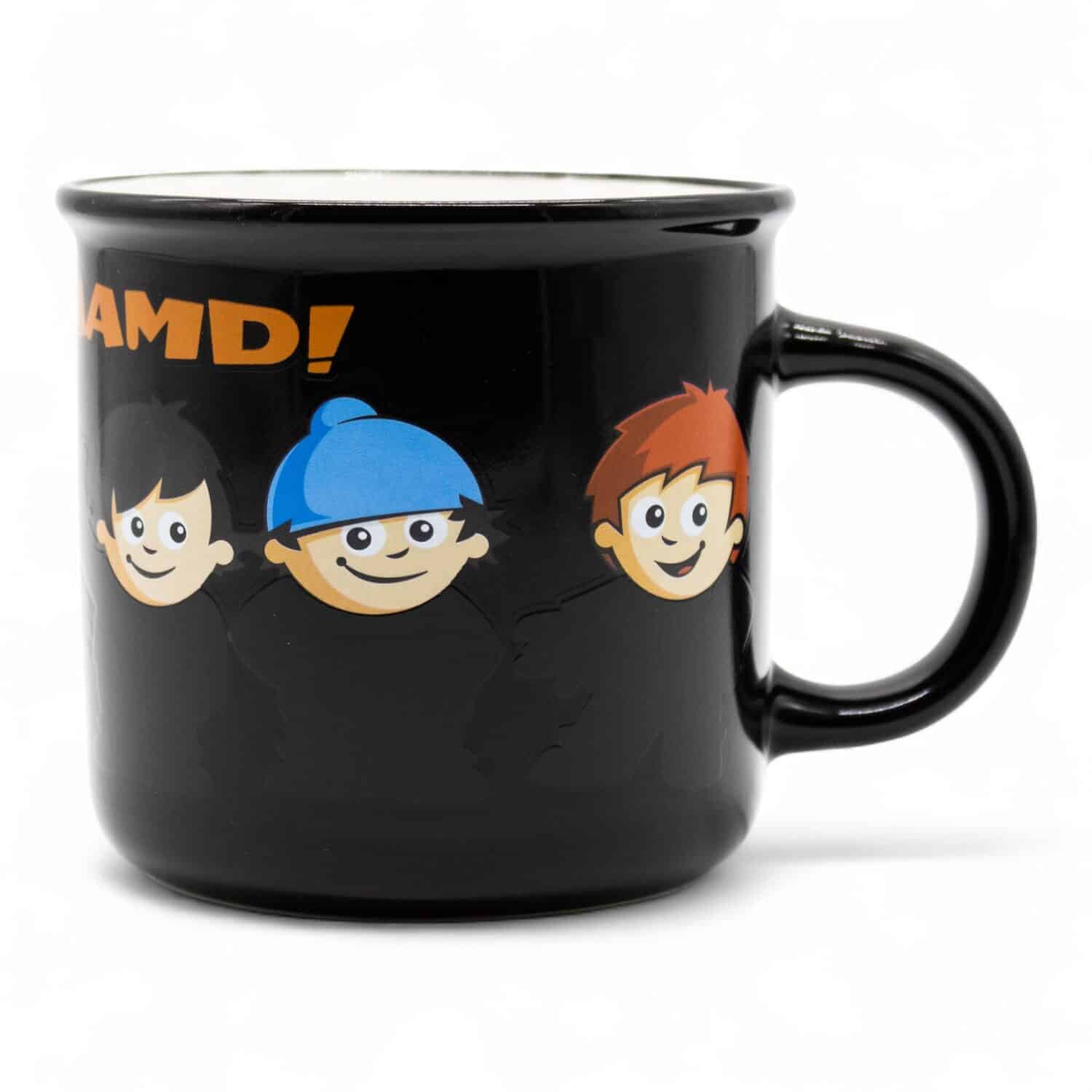 Schwarze Tasse mit den 6 Köpfen der Mainzelmännchen und Aufschrift "Gud'n Aamd" Rückseite