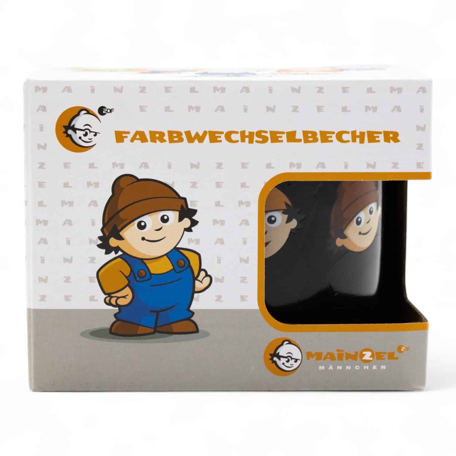 Verpackung eines Farbwechselbechers mit Mainzelmännchen. Sichtfenster zeigt Ausschnitt des Bechers.