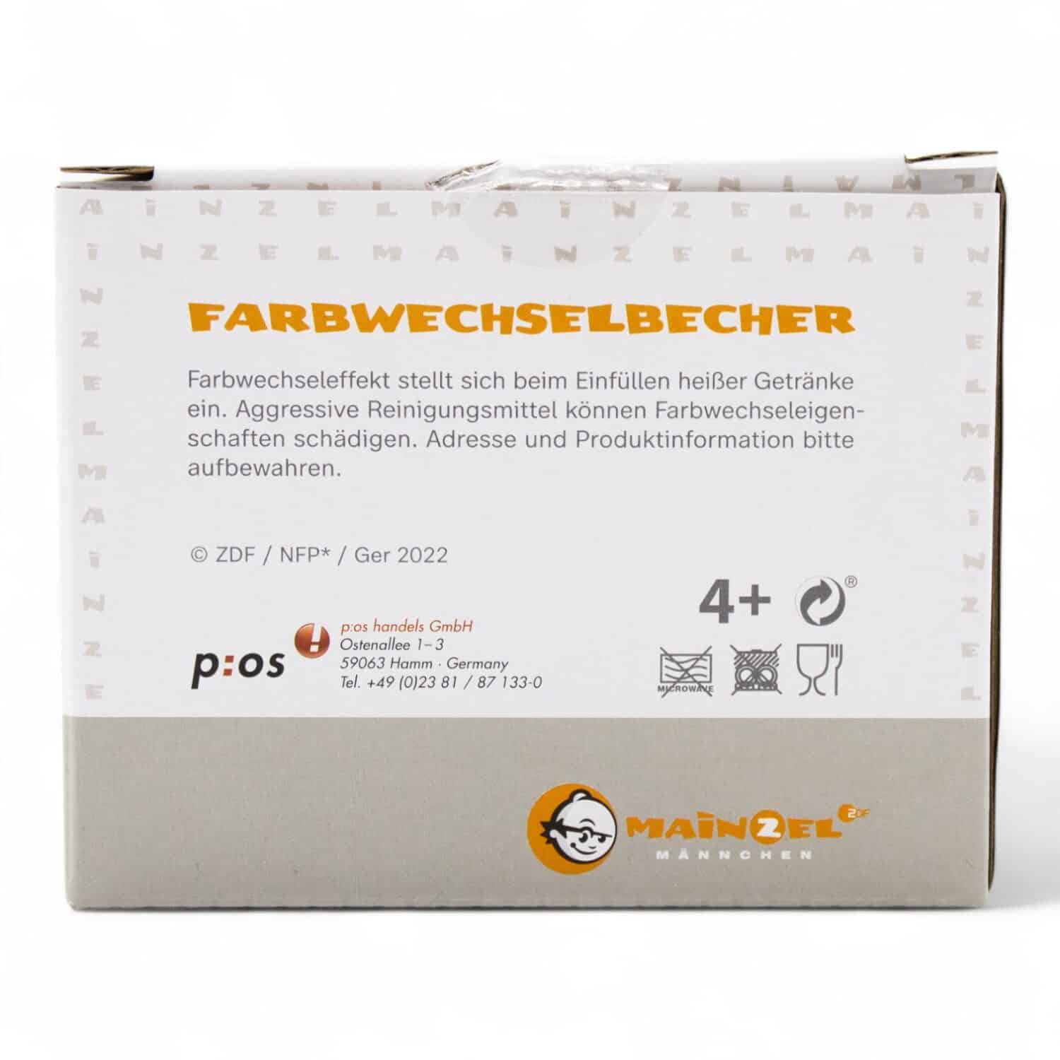 Mainzelmännchen Farbwechselbecher: Rückseite der Verpackung mit Beschreibung und Pflegehinweise
