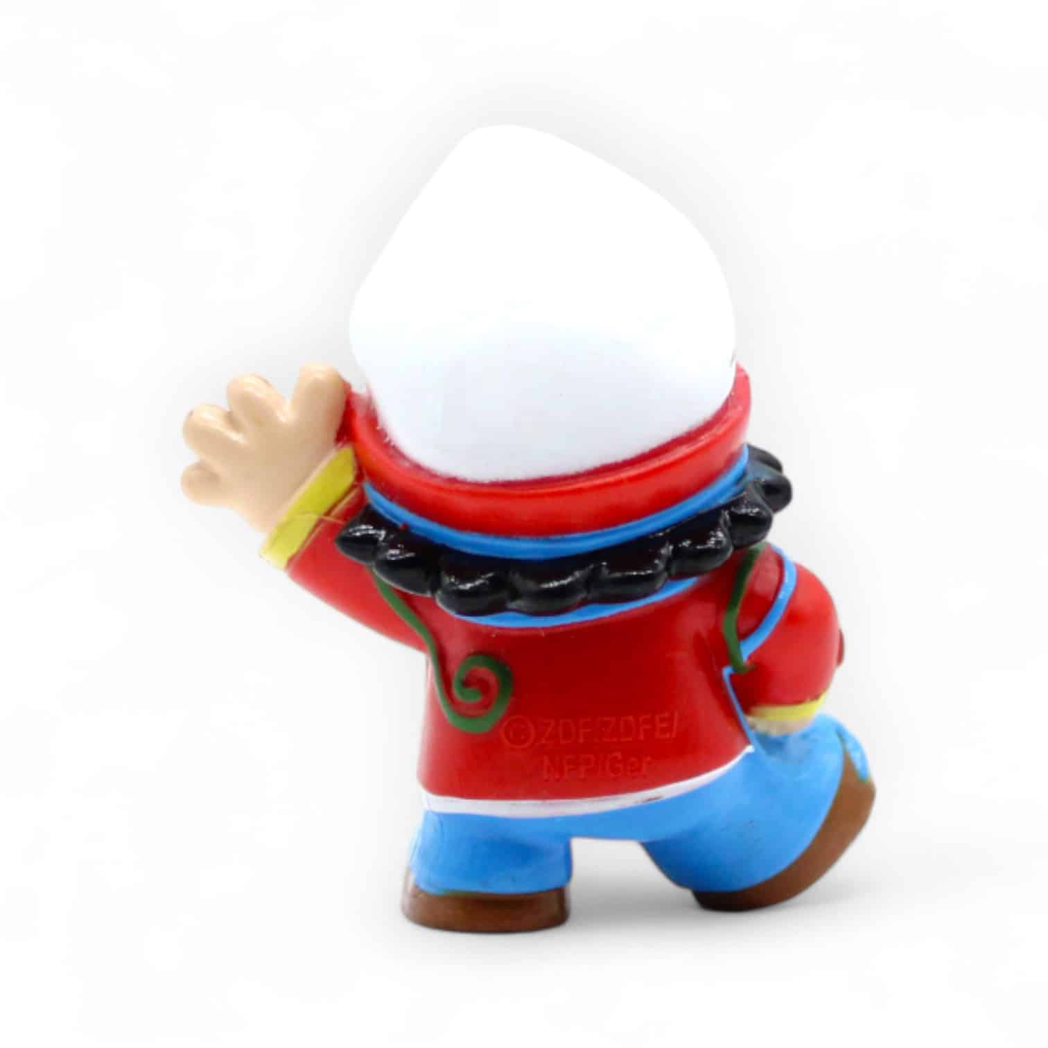 Mainzelmännchen Figur mit Narrenkappe und Luftschlangen von hinten