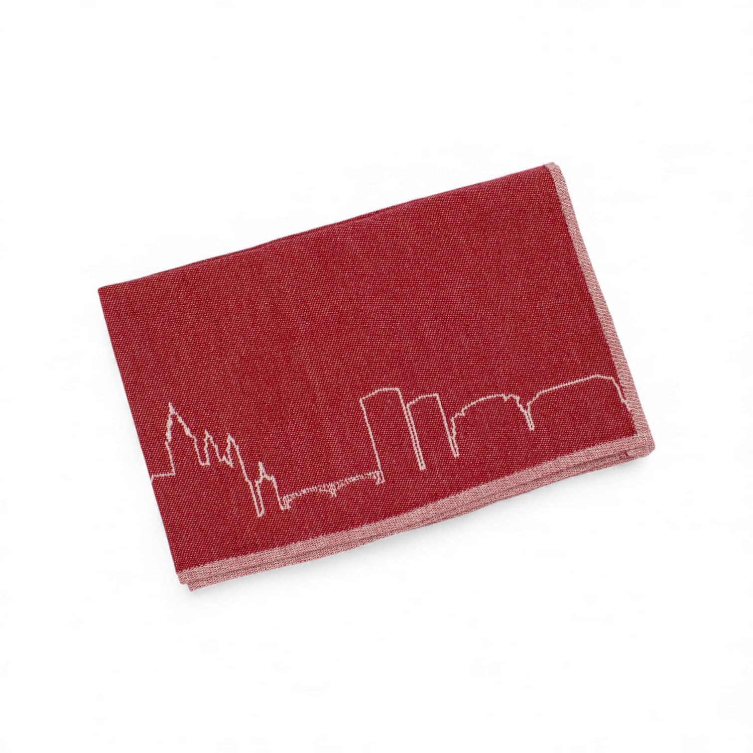Rotes Geschirrtuch mit weiß bestickter Silhouette der Mainzer Skyline