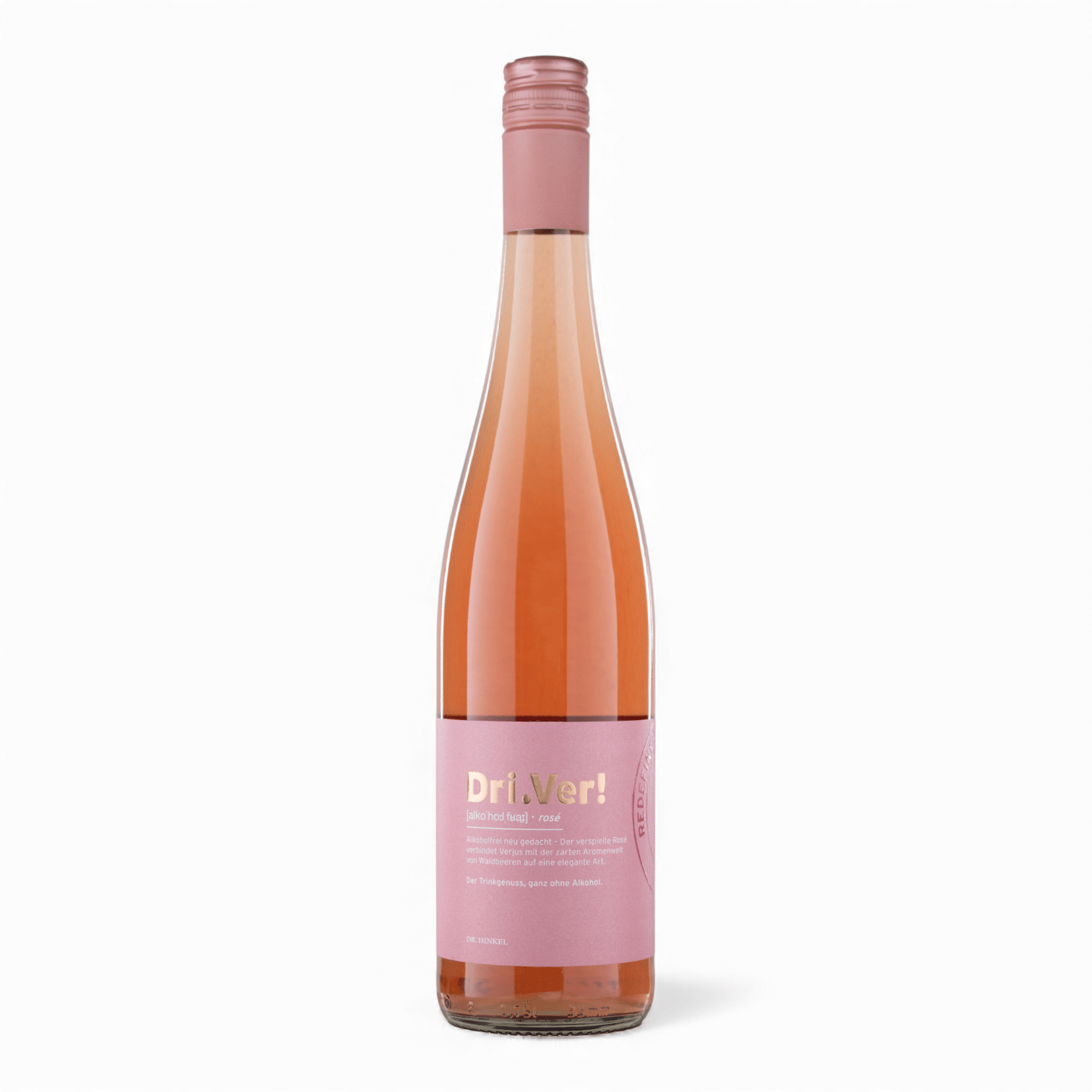 Weingut Dr. Hinkel Dri.Ver! - Rosé (alkoholfrei) mit rosa Etikett auf klarer Flasche.